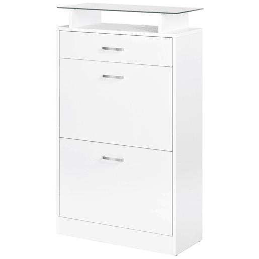 Móvel Sapateiro de 2 Portas Sapateiro Estreito para 12 Pares de Sapatos com Gaveta Prateleira Aberta e Bancada de Vidro para Corredor Entrada 60x24x105,5cm Branco