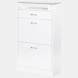 Móvel Sapateiro de 2 Portas Sapateiro Estreito para 12 Pares de Sapatos com Gaveta Prateleira Aberta e Bancada de Vidro para Corredor Entrada 60x24x105,5cm Branco
