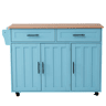 Ilha de cozinha 129×46(71)×91,5 cm u2013 Bancada rebatível com efeito de madeira, rodas, pés de madeira maciça e armários u2013 Azul