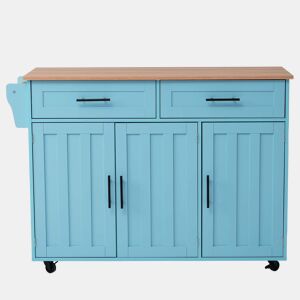 Ilha de cozinha 129×46(71)×91,5 cm u2013 Bancada rebatível com efeito de madeira, rodas, pés de madeira maciça e armários u2013 Azul