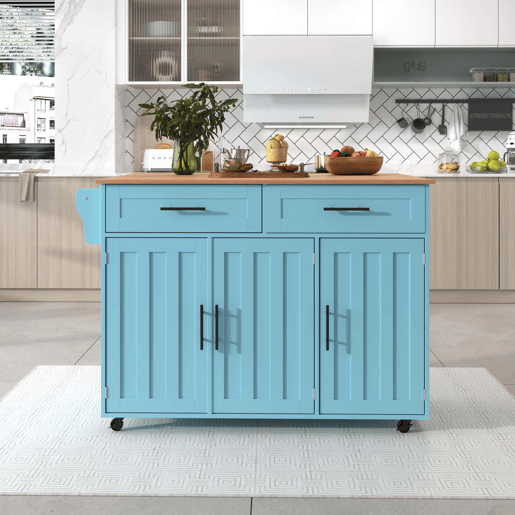 Ilha de cozinha 129×46(71)×91,5 cm u2013 Bancada rebatível com efeito de madeira, rodas, pés de madeira maciça e armários u2013 Azul Ilha de cozinha 129×46(71)×91,5 cm u2013 Bancada rebatível com efeito de madeira, rodas, pés de madeira maciça e armários u2013 Azul