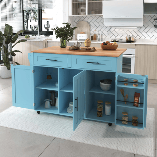 Ilha de cozinha 129×46(71)×91,5 cm u2013 Bancada rebatível com efeito de madeira, rodas, pés de madeira maciça e armários u2013 Azul Ilha de cozinha 129×46(71)×91,5 cm u2013 Bancada rebatível com efeito de madeira, rodas, pés de madeira maciça e armários u2013 Azul