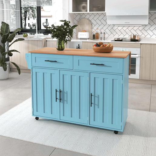 Ilha de cozinha 129×46(71)×91,5 cm u2013 Bancada rebatível com efeito de madeira, rodas, pés de madeira maciça e armários u2013 Azul Ilha de cozinha 129×46(71)×91,5 cm u2013 Bancada rebatível com efeito de madeira, rodas, pés de madeira maciça e armários u2013 Azul
