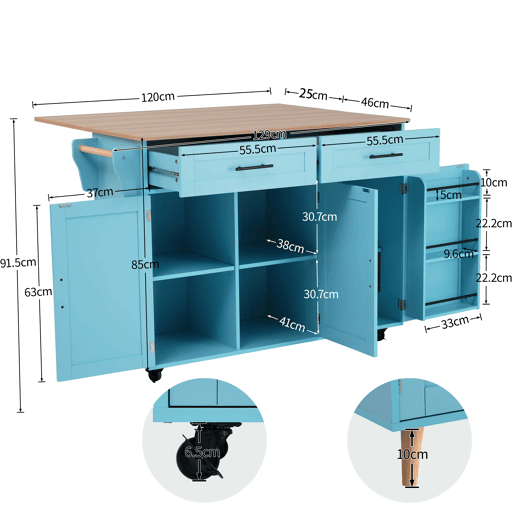 Ilha de cozinha 129×46(71)×91,5 cm u2013 Bancada rebatível com efeito de madeira, rodas, pés de madeira maciça e armários u2013 Azul Ilha de cozinha 129×46(71)×91,5 cm u2013 Bancada rebatível com efeito de madeira, rodas, pés de madeira maciça e armários u2013 Azul