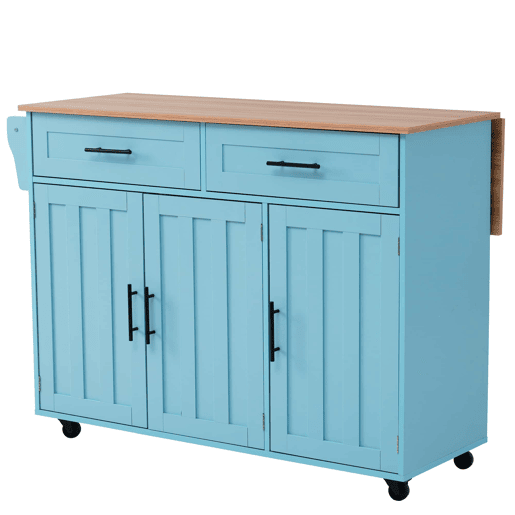 Ilha de cozinha 129×46(71)×91,5 cm u2013 Bancada rebatível com efeito de madeira, rodas, pés de madeira maciça e armários u2013 Azul Ilha de cozinha 129×46(71)×91,5 cm u2013 Bancada rebatível com efeito de madeira, rodas, pés de madeira maciça e armários u2013 Azul