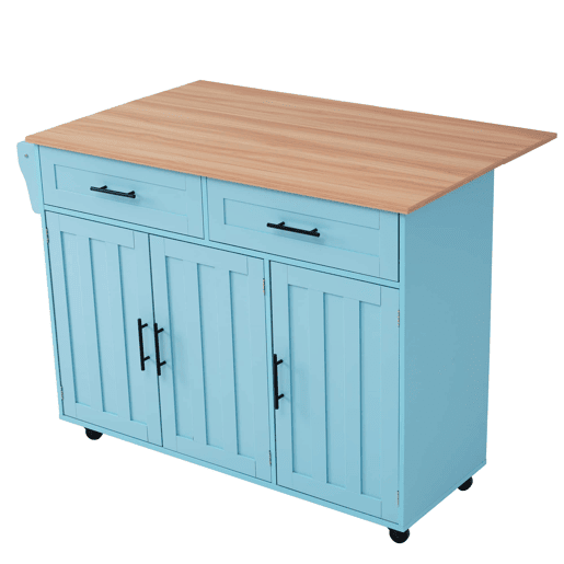 Ilha de cozinha 129×46(71)×91,5 cm u2013 Bancada rebatível com efeito de madeira, rodas, pés de madeira maciça e armários u2013 Azul Ilha de cozinha 129×46(71)×91,5 cm u2013 Bancada rebatível com efeito de madeira, rodas, pés de madeira maciça e armários u2013 Azul