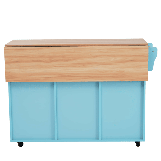 Ilha de cozinha 129×46(71)×91,5 cm u2013 Bancada rebatível com efeito de madeira, rodas, pés de madeira maciça e armários u2013 Azul Ilha de cozinha 129×46(71)×91,5 cm u2013 Bancada rebatível com efeito de madeira, rodas, pés de madeira maciça e armários u2013 Azul