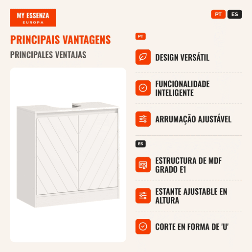 Móvel para Lavatório Pousar Móvel Lavatório Casa de Banho com 2 Portas e Prateleira Ajustável para Lavatórios com ou sem Pedestal Estilo Vintage 60x30x59,8 cm Branco
