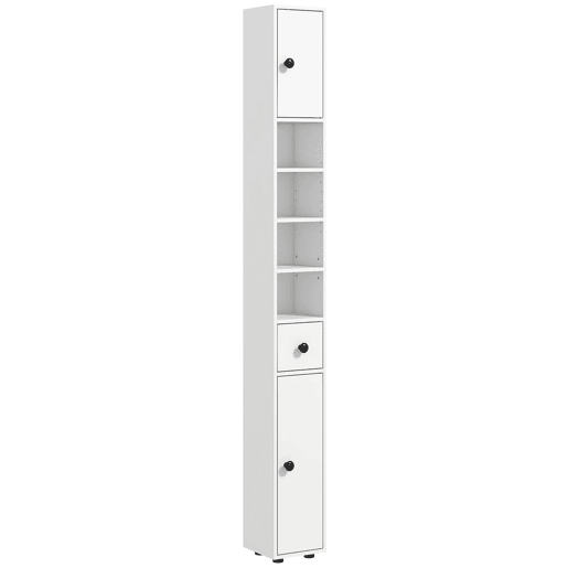 Armário Alto de Casa de Banho, Coluna Estreita com 1 Gaveta, 4 Prateleiras Abertas e Prateleiras Ajustáveis, 2 Portas, Estilo Moderno, para Espaços Pequenos, 20x20x180 cm, Branco Armário Alto de Casa de Banho, Coluna Estreita com 1 Gaveta, 4 Prateleiras Abertas e Prateleiras Ajustáveis, 2 Portas, Estilo Moderno, para Espaços Pequenos, 20x20x180 cm, Branco