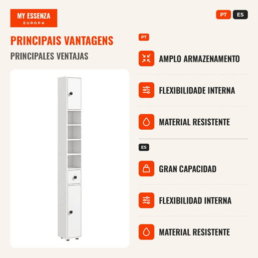 Armário Alto de Casa de Banho, Coluna Estreita com 1 Gaveta, 4 Prateleiras Abertas e Prateleiras Ajustáveis, 2 Portas, Estilo Moderno, para Espaços Pequenos, 20x20x180 cm, Branco Armário Alto de Casa de Banho, Coluna Estreita com 1 Gaveta, 4 Prateleiras Abertas e Prateleiras Ajustáveis, 2 Portas, Estilo Moderno, para Espaços Pequenos, 20x20x180 cm, Branco