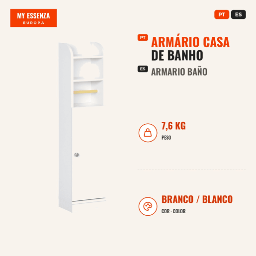 Armário Casa de Banho Armário Auxiliar Casa de Banho com Prateleira Ajustável e Suporte para Papel Higiênico 23x18x100 cm Branco
