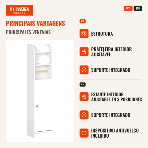Armário Casa de Banho Armário Auxiliar Casa de Banho com Prateleira Ajustável e Suporte para Papel Higiênico 23x18x100 cm Branco
