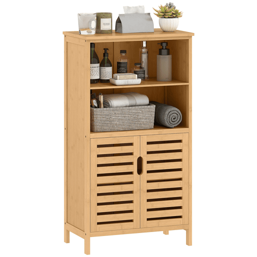Armário Casa de Banho de Bambu Móvel Auxiliar Casa de Banho com 2 Portas 2 Prateleiras Abertas e Pés Elevados 50x29x92 cm Madeira, Cor de madeira natural Armário Casa de Banho de Bambu Móvel Auxiliar Casa de Banho com 2 Portas 2 Prateleiras Abertas e Pés Elevados 50x29x92 cm Madeira, Cor de madeira natural