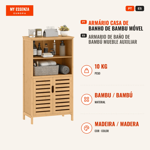 Armário Casa de Banho de Bambu Móvel Auxiliar Casa de Banho com 2 Portas 2 Prateleiras Abertas e Pés Elevados 50x29x92 cm Madeira, Cor de madeira natural Armário Casa de Banho de Bambu Móvel Auxiliar Casa de Banho com 2 Portas 2 Prateleiras Abertas e Pés Elevados 50x29x92 cm Madeira, Cor de madeira natural