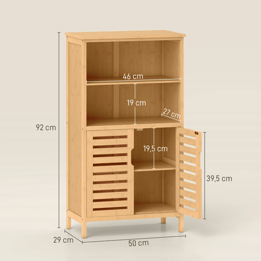 Armário Casa de Banho de Bambu Móvel Auxiliar Casa de Banho com 2 Portas 2 Prateleiras Abertas e Pés Elevados 50x29x92 cm Madeira, Cor de madeira natural Armário Casa de Banho de Bambu Móvel Auxiliar Casa de Banho com 2 Portas 2 Prateleiras Abertas e Pés Elevados 50x29x92 cm Madeira, Cor de madeira natural