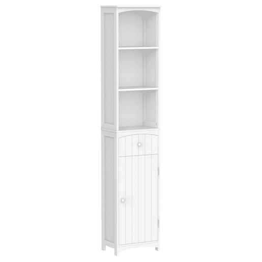 Coluna Casa de Banho com 1 Gaveta Armário e 3 Prateleiras Abertas Armário Alto Auxiliar para Casa de Banho 34x24x170 cm Branco Coluna Casa de Banho com 1 Gaveta Armário e 3 Prateleiras Abertas Armário Alto Auxiliar para Casa de Banho 34x24x170 cm Branco