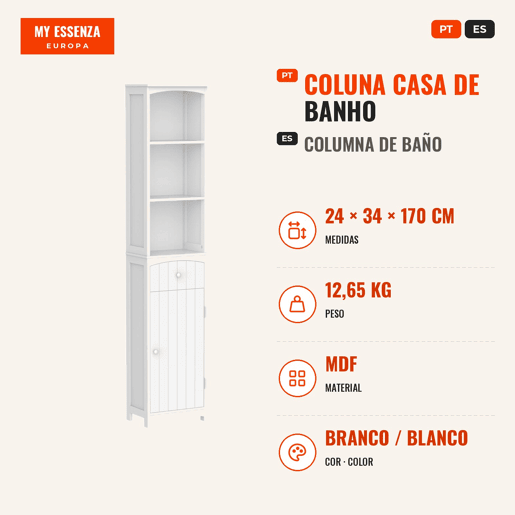Coluna Casa de Banho com 1 Gaveta Armário e 3 Prateleiras Abertas Armário Alto Auxiliar para Casa de Banho 34x24x170 cm Branco Coluna Casa de Banho com 1 Gaveta Armário e 3 Prateleiras Abertas Armário Alto Auxiliar para Casa de Banho 34x24x170 cm Branco