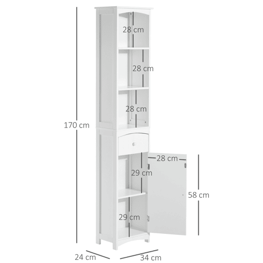 Coluna Casa de Banho com 1 Gaveta Armário e 3 Prateleiras Abertas Armário Alto Auxiliar para Casa de Banho 34x24x170 cm Branco Coluna Casa de Banho com 1 Gaveta Armário e 3 Prateleiras Abertas Armário Alto Auxiliar para Casa de Banho 34x24x170 cm Branco