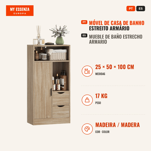 Móvel de Casa de Banho Estreito Armário de Casa de Banho com 2 Gavetas Compartimento Aberto e Prateleiras Ajustáveis para Espaço Pequeno Cozinha Sala 50x25x100 cm Madeira Móvel de Casa de Banho Estreito Armário de Casa de Banho com 2 Gavetas Compartimento Aberto e Prateleiras Ajustáveis para Espaço Pequeno Cozinha Sala 50x25x100 cm Madeira