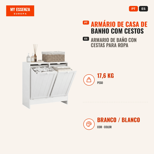 Armário de Casa de Banho com Cestos de Roupa Suja Móvel Roupa Suja com 2 Compartimentos Ideal para Lavandaria 66x33x68 cm Branco Armário de Casa de Banho com Cestos de Roupa Suja Móvel Roupa Suja com 2 Compartimentos Ideal para Lavandaria 66x33x68 cm Branco