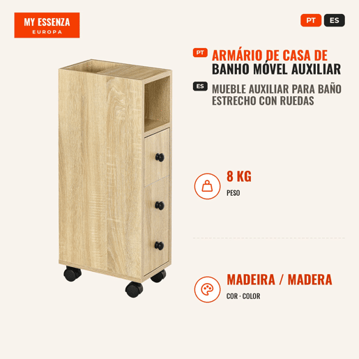 Armário de Casa de Banho Móvel Auxiliar para Espaço Reduzido com Rodas Prateleiras Abertas Armário e Gaveta 18x30x68,5 cm Madeira, Cor de madeira natural Armário de Casa de Banho Móvel Auxiliar para Espaço Reduzido com Rodas Prateleiras Abertas Armário e Gaveta 18x30x68,5 cm Madeira, Cor de madeira natural