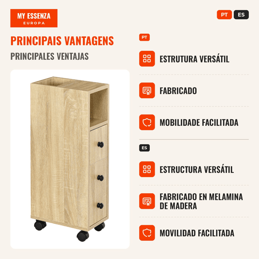 Armário de Casa de Banho Móvel Auxiliar para Espaço Reduzido com Rodas Prateleiras Abertas Armário e Gaveta 18x30x68,5 cm Madeira, Cor de madeira natural Armário de Casa de Banho Móvel Auxiliar para Espaço Reduzido com Rodas Prateleiras Abertas Armário e Gaveta 18x30x68,5 cm Madeira, Cor de madeira natural