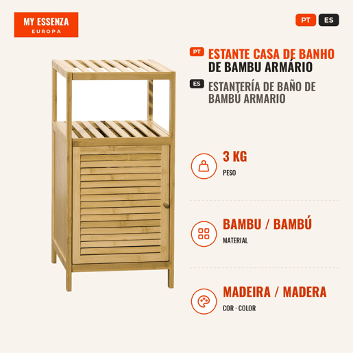 Estante Casa de Banho de Bambu Armário de Armazenamento Casa de Banho com 1 Porta e Prateleira para Lavandaria Cozinha Sala de Estar 33x36,5x67 cm Madeira, Cor de madeira natural