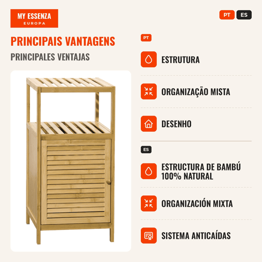 Estante Casa de Banho de Bambu Armário de Armazenamento Casa de Banho com 1 Porta e Prateleira para Lavandaria Cozinha Sala de Estar 33x36,5x67 cm Madeira, Cor de madeira natural
