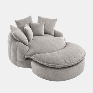 Poltrona Redonda XXL 140 cm u2013 Sofá-cama com estofo em poliéster, almofada e apoio para os pés u2013 Cinza Claro