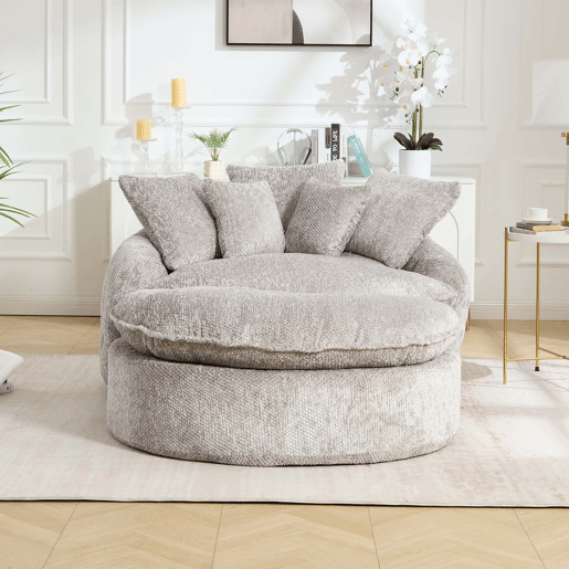 Poltrona Redonda XXL 140 cm u2013 Sofá-cama com estofo em poliéster, almofada e apoio para os pés u2013 Cinza Claro