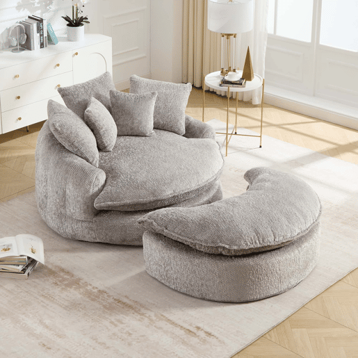 Poltrona Redonda XXL 140 cm u2013 Sofá-cama com estofo em poliéster, almofada e apoio para os pés u2013 Cinza Claro