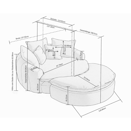 Poltrona Redonda XXL 140 cm u2013 Sofá-cama com estofo em poliéster, almofada e apoio para os pés u2013 Cinza Claro