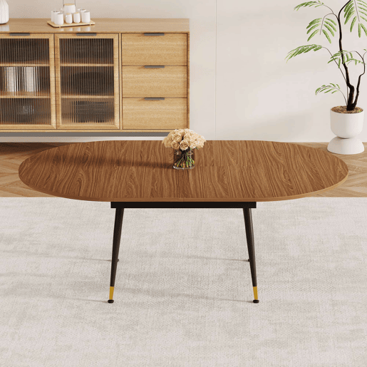 Mesa de jantar oval extensível para 6 a 10 pessoas u2013 Tampo em MDF e pernas metálicas u2013 Preto e nogueira Mesa de jantar oval extensível para 6 a 10 pessoas u2013 Tampo em MDF e pernas metálicas u2013 Preto e nogueira