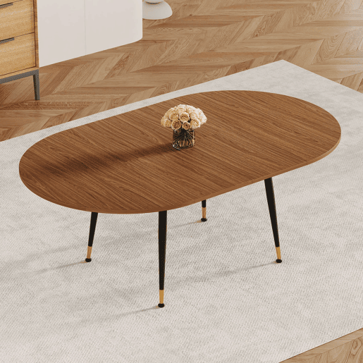Mesa de jantar oval extensível para 6 a 10 pessoas u2013 Tampo em MDF e pernas metálicas u2013 Preto e nogueira Mesa de jantar oval extensível para 6 a 10 pessoas u2013 Tampo em MDF e pernas metálicas u2013 Preto e nogueira