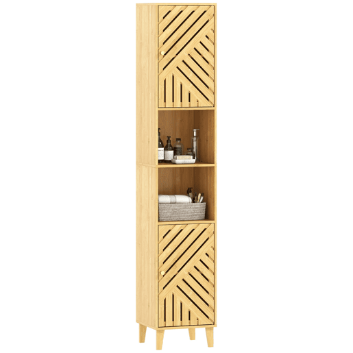 Armário de Casa de Banho Alto, Coluna Estreita 32x30x170 cm com Portas e Pés de Bambu, Prateleiras Ajustáveis e Compartimento Aberto Natural, Madeira