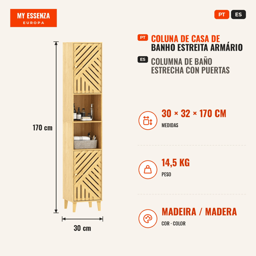 Armário de Casa de Banho Alto, Coluna Estreita 32x30x170 cm com Portas e Pés de Bambu, Prateleiras Ajustáveis e Compartimento Aberto Natural, Madeira