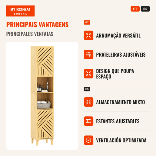 Armário de Casa de Banho Alto, Coluna Estreita 32x30x170 cm com Portas e Pés de Bambu, Prateleiras Ajustáveis e Compartimento Aberto Natural, Madeira