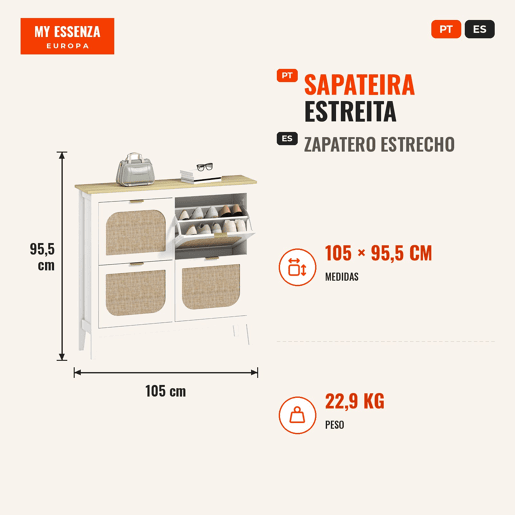 Sapateira Estreita com 4 Portas em Vime Sapateira para Entrada com Prateleiras Ajustáveis para 20 Pares de Sapatos 105x24x95,5 cm Branco