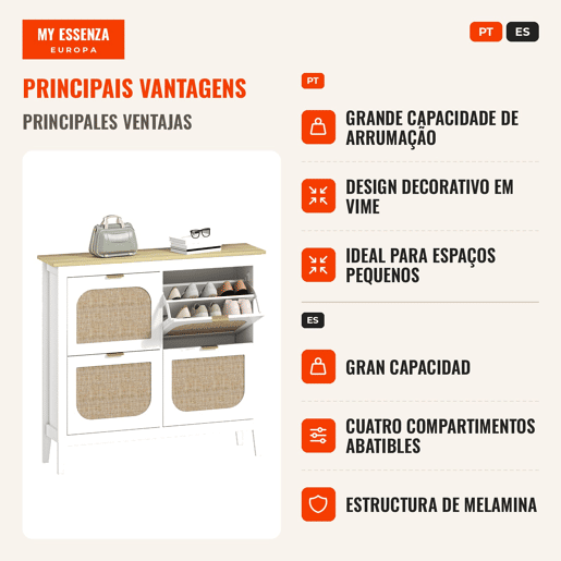 Sapateira Estreita com 4 Portas em Vime Sapateira para Entrada com Prateleiras Ajustáveis para 20 Pares de Sapatos 105x24x95,5 cm Branco