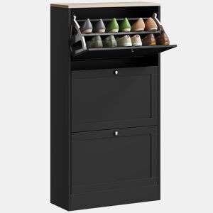 Sapateira Estreita com 3 Portas, Sapateira para Entrada ou Corredor, para 18 Pares de Sapatos, com Prateleiras Ajustáveis, 60x23,5x115 cm, Preto