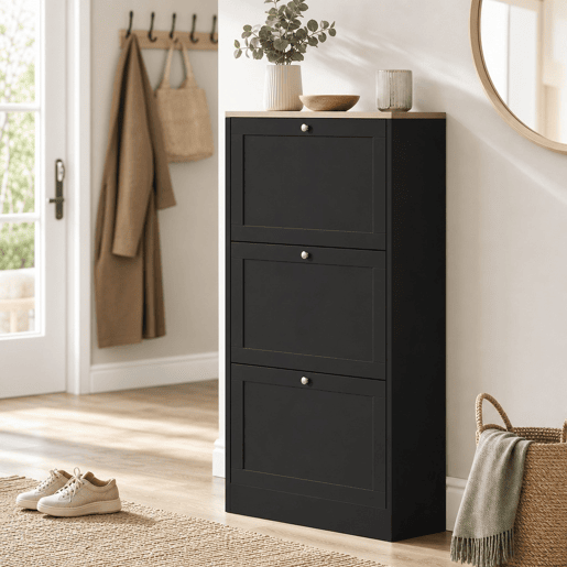 Sapateira Estreita com 3 Portas, Sapateira para Entrada ou Corredor, para 18 Pares de Sapatos, com Prateleiras Ajustáveis, 60x23,5x115 cm, Preto Sapateira Estreita com 3 Portas, Sapateira para Entrada ou Corredor, para 18 Pares de Sapatos, com Prateleiras Ajustáveis, 60x23,5x115 cm, Preto