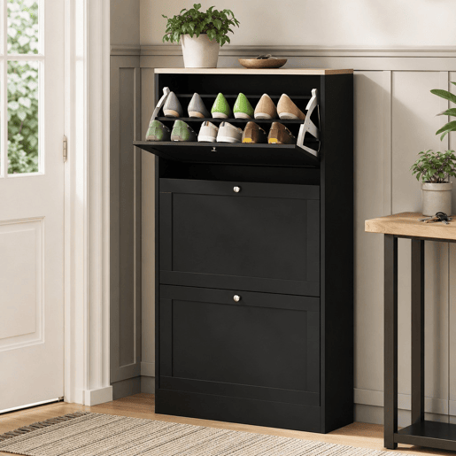 Sapateira Estreita com 3 Portas, Sapateira para Entrada ou Corredor, para 18 Pares de Sapatos, com Prateleiras Ajustáveis, 60x23,5x115 cm, Preto Sapateira Estreita com 3 Portas, Sapateira para Entrada ou Corredor, para 18 Pares de Sapatos, com Prateleiras Ajustáveis, 60x23,5x115 cm, Preto