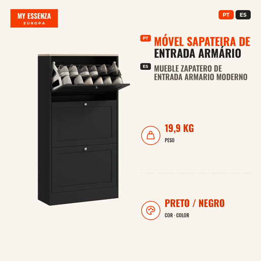 Sapateira Estreita com 3 Portas, Sapateira para Entrada ou Corredor, para 18 Pares de Sapatos, com Prateleiras Ajustáveis, 60x23,5x115 cm, Preto Sapateira Estreita com 3 Portas, Sapateira para Entrada ou Corredor, para 18 Pares de Sapatos, com Prateleiras Ajustáveis, 60x23,5x115 cm, Preto