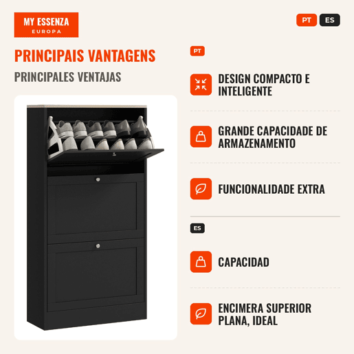 Sapateira Estreita com 3 Portas, Sapateira para Entrada ou Corredor, para 18 Pares de Sapatos, com Prateleiras Ajustáveis, 60x23,5x115 cm, Preto Sapateira Estreita com 3 Portas, Sapateira para Entrada ou Corredor, para 18 Pares de Sapatos, com Prateleiras Ajustáveis, 60x23,5x115 cm, Preto
