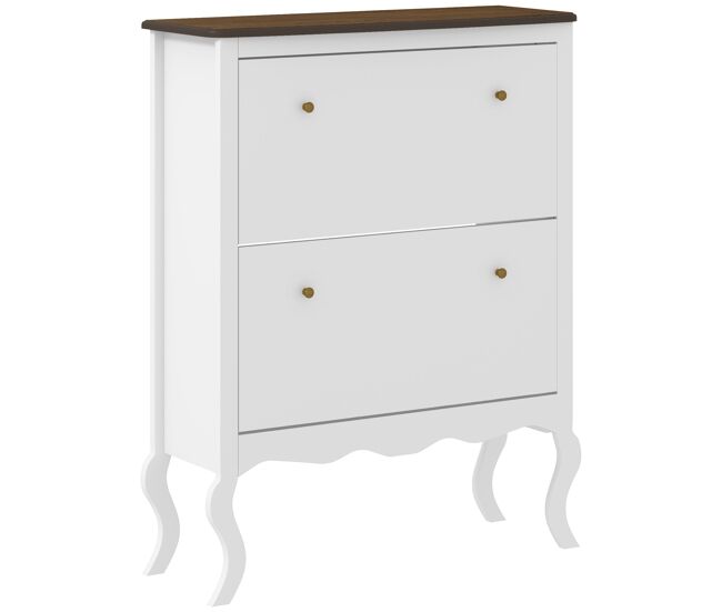Zapatero estrecho estilo francés con 2 cajones estantes ajustables para 16 pares 84x29x109 cm blanco
