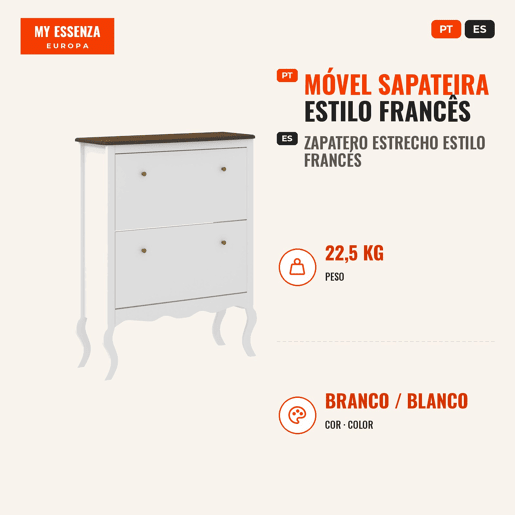 Móvel Sapateira Estilo Francês Sapateira de Entrada com 2 Gavetas Prateleiras Ajustáveis para 16 Pares de Sapato Sapateira Estreita para Corredor 84x29x109 cm Branco