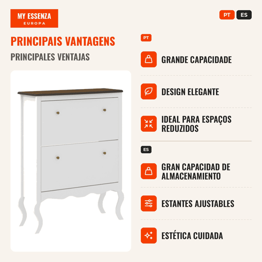 Móvel Sapateira Estilo Francês Sapateira de Entrada com 2 Gavetas Prateleiras Ajustáveis para 16 Pares de Sapato Sapateira Estreita para Corredor 84x29x109 cm Branco