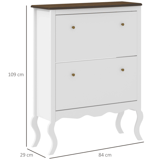 Móvel Sapateira Estilo Francês Sapateira de Entrada com 2 Gavetas Prateleiras Ajustáveis para 16 Pares de Sapato Sapateira Estreita para Corredor 84x29x109 cm Branco