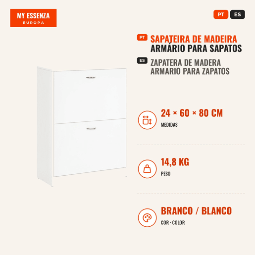 Sapateira de Madeira Armário para Sapatos com 2 Compartimentos para Entrada Corredor Dormitório Sala de Estar 60x24x80 cm Branco