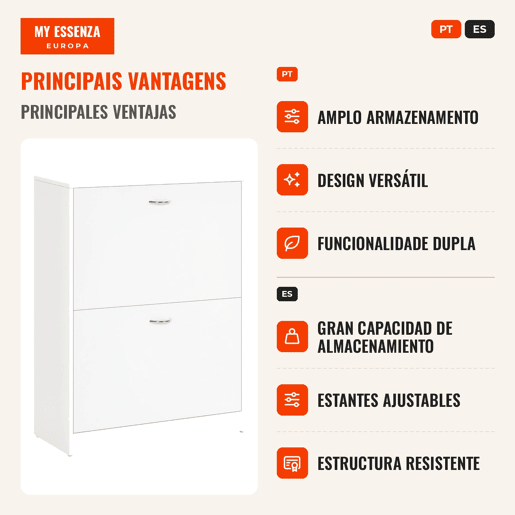 Sapateira de Madeira Armário para Sapatos com 2 Compartimentos para Entrada Corredor Dormitório Sala de Estar 60x24x80 cm Branco